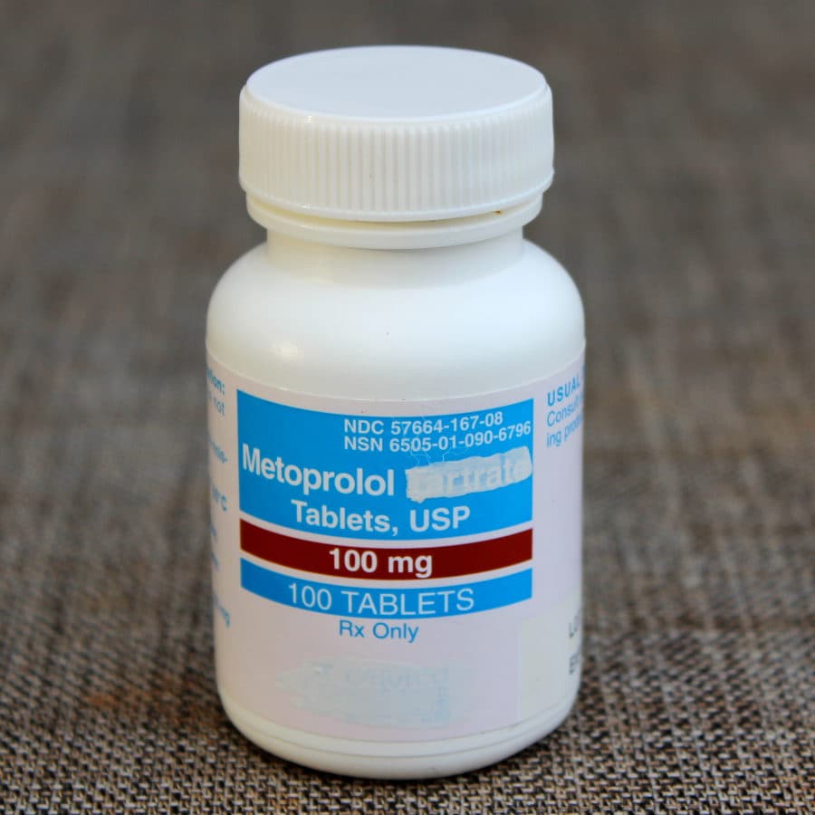 A bottle of Metoprolol tablets 100 mg