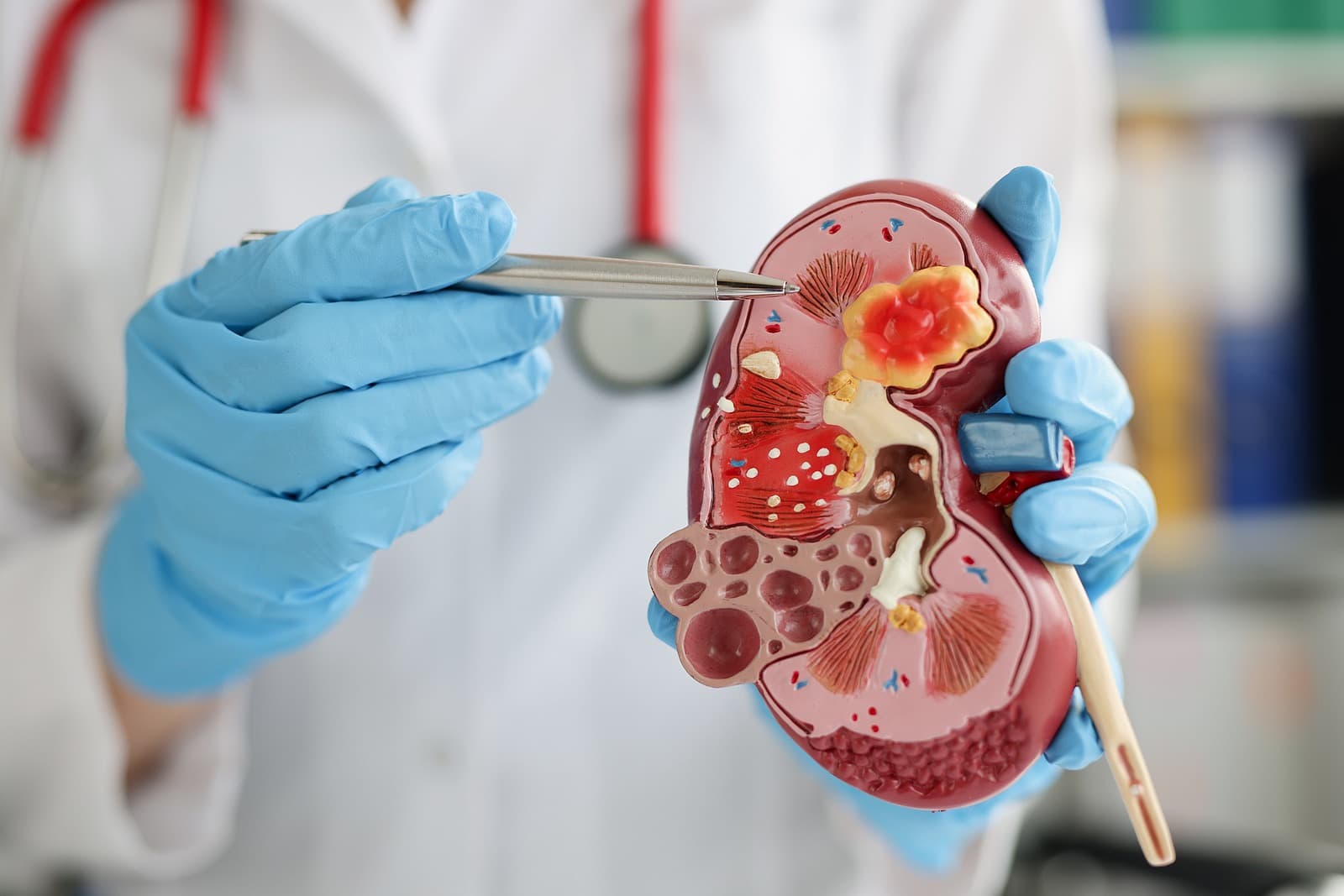 Urologist pointing at model of kidney
